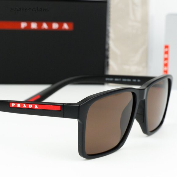 NEW Prada Linea Rossa PS05YS DG050A Black Rubber Brown Rectangle Sunglasses - Picture 4 of 7
